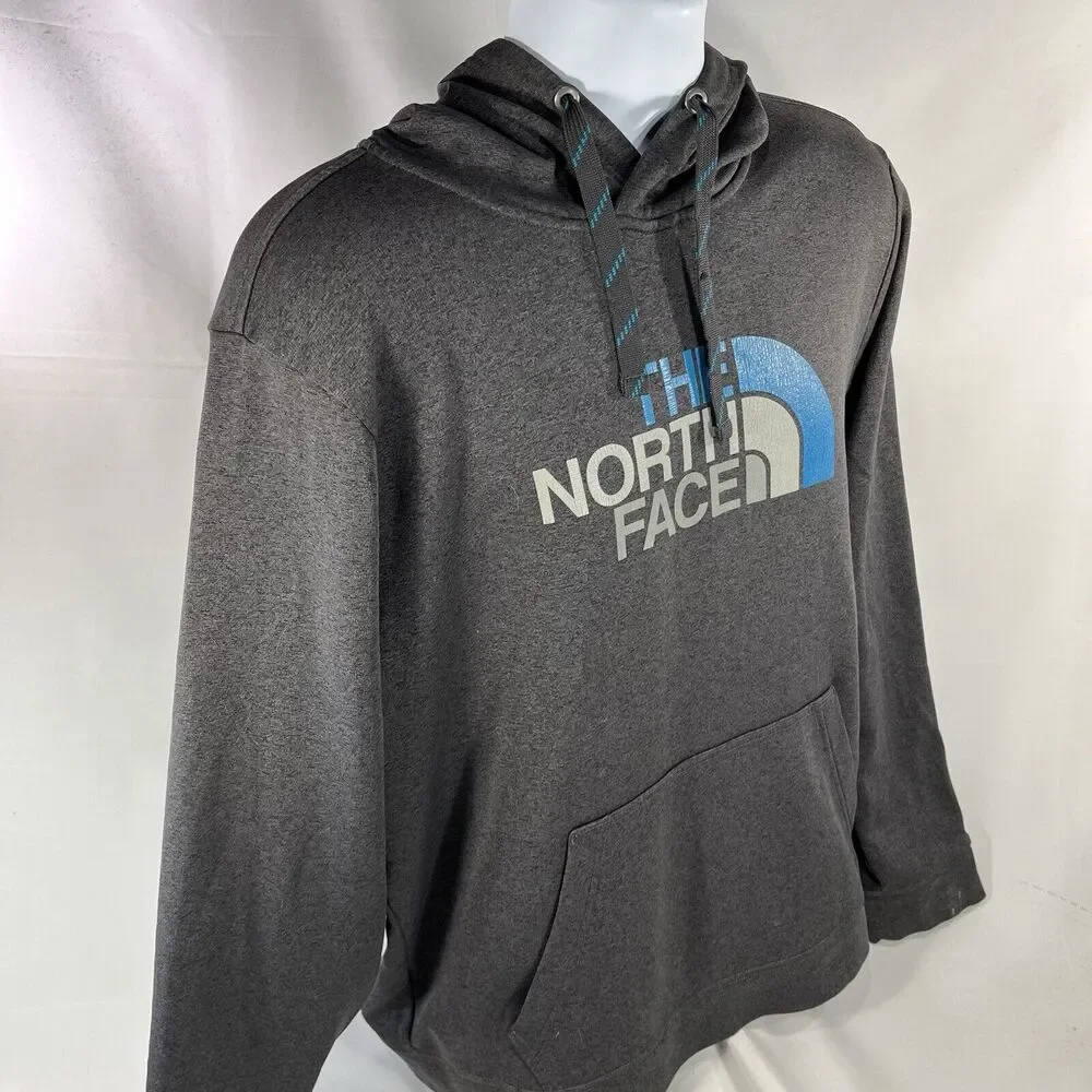 THE NORTH FACE HOODIE MENS LARGE DRAWSTRING HOODED SWEATSHIRT GRAY BLUE PULLOVER